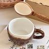 Durable Ceramic Oatmeal Bowl Vintage Coconut Shell Mug, Handmade Irregular Coffee Cup with Spoon, Heat Resistant Hot Drink Mug Rustic Texture
