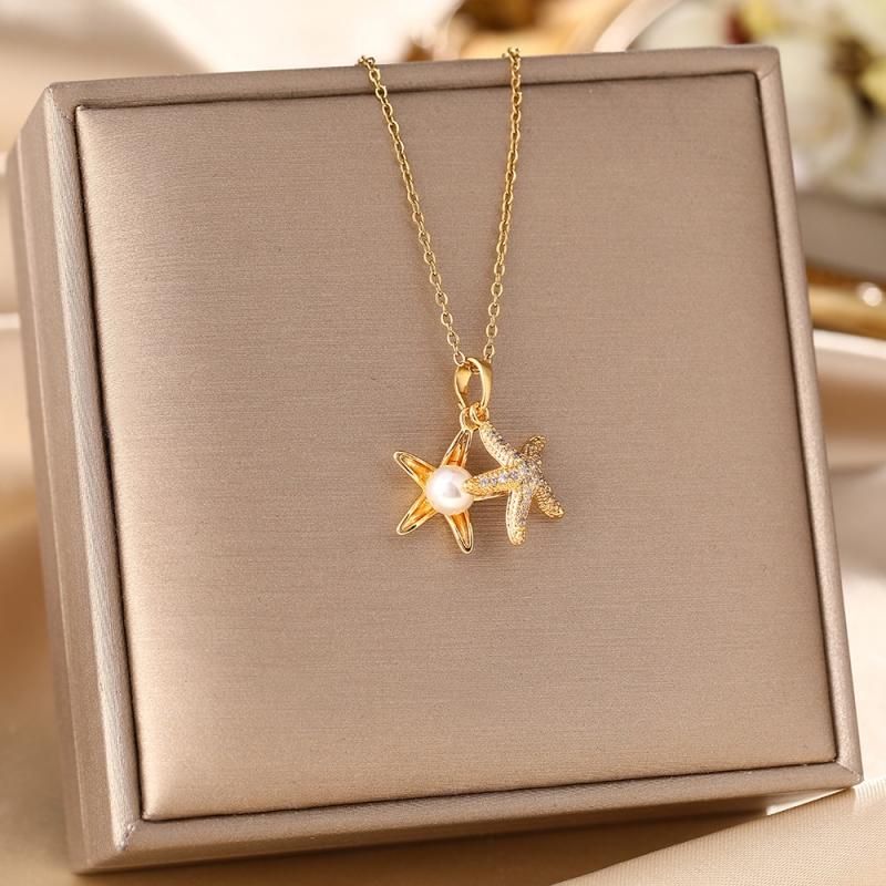 1pcs copper micro Set zirconia starfish imitation pearl necklace female senior sense of light luxury collarbone chain jewelry