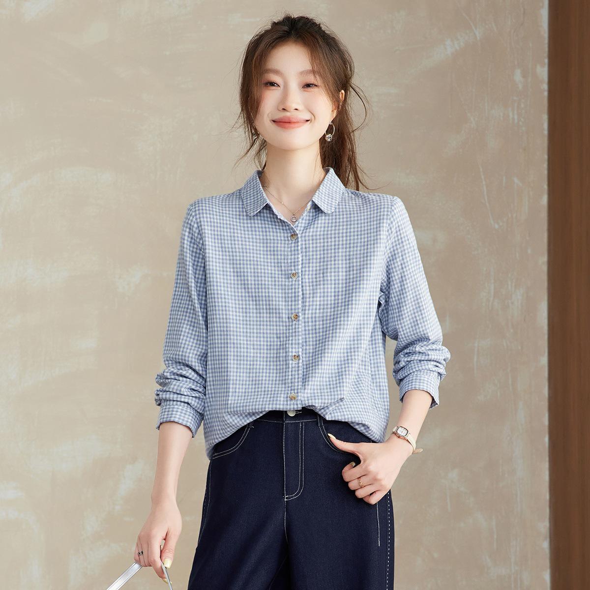 

Vintage Women s Cotton Plaid Long Sleeve Shirt - Spring/Autumn Casual Layering Top Small