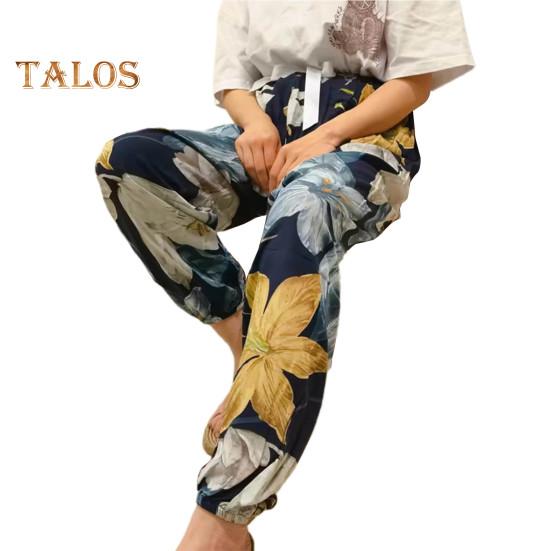 

Женские летние шаровары с эластичной резинкой на талии, широкие брюки с цветочным принтом, пляжные брюки, повседневные брюки для отдыха и путешествий темно-синий