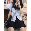 Women's Blue-Gray Korean Style School Uniform: Pointed Collar, Short Sleeve, JK College Style
