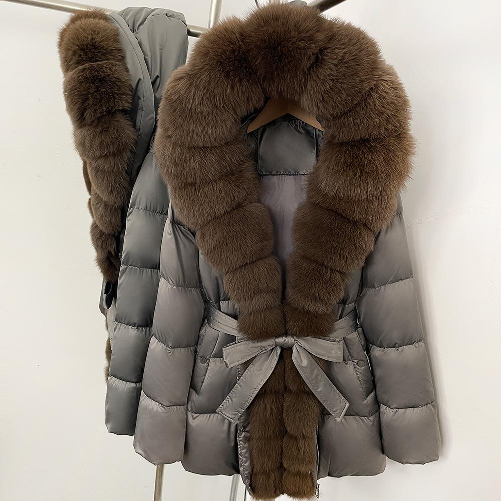 Winter lace-up hooded loose thickened coat women's retro versatile temperament real fox fur collar duck down jacket