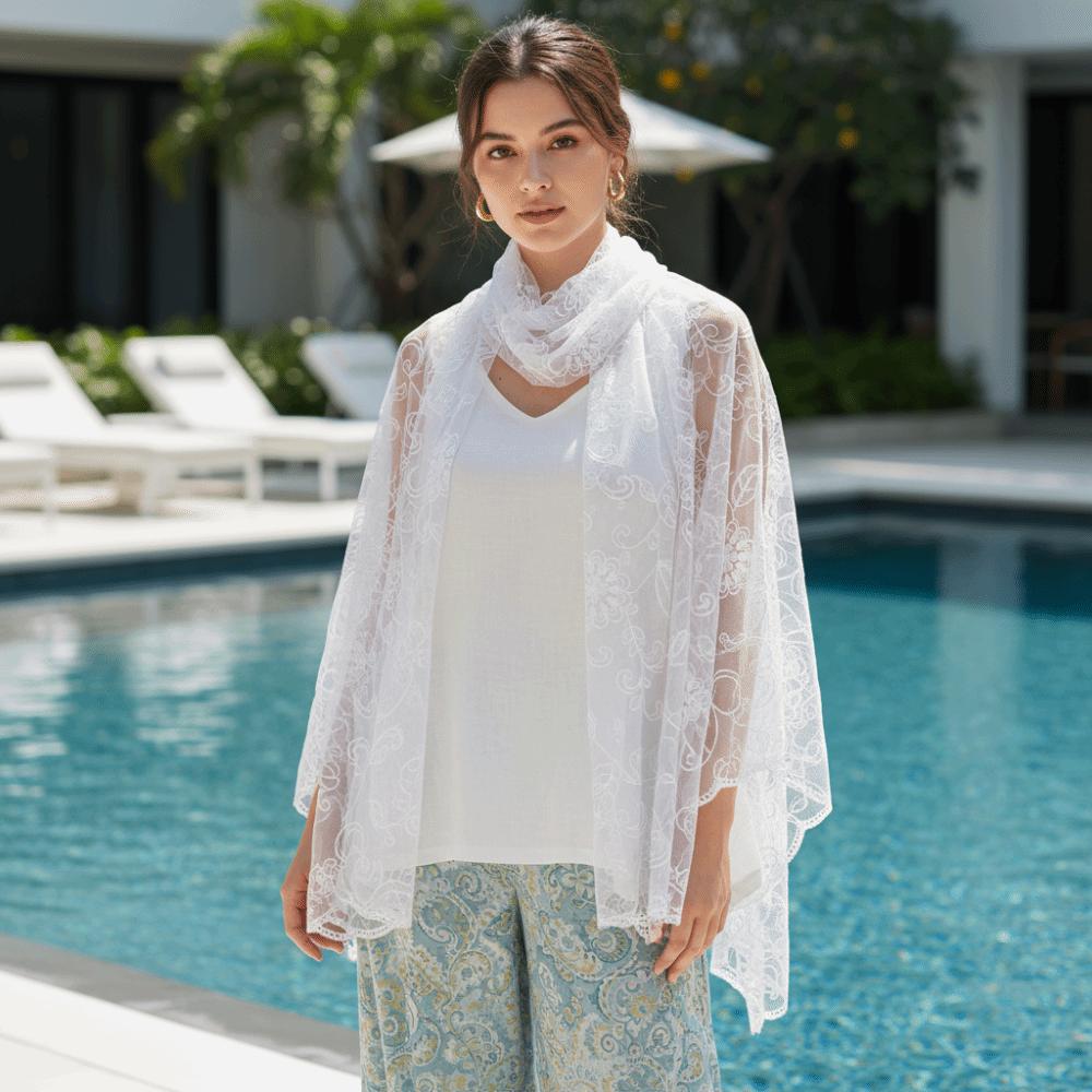 Lightweight Sheer Shawl Embroidered Mesh Stole Neck Wrap Floral Headwrap  Sun Protection