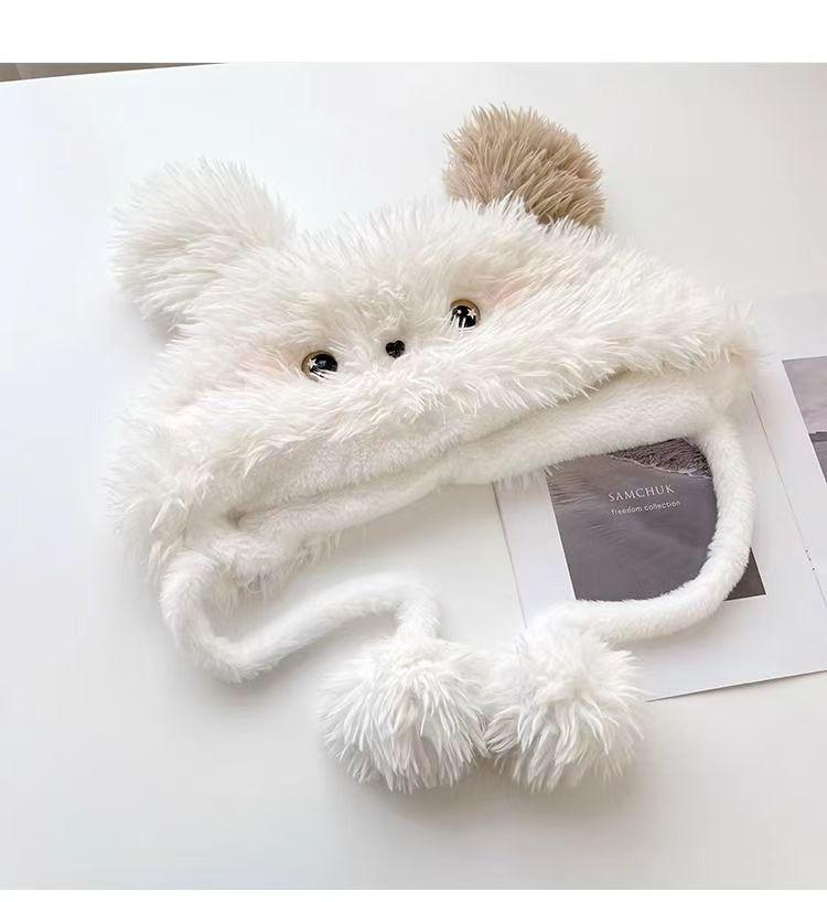 Urocza dwukolorowa pluszowa czapka szczeniaka z rumieńcami i nausznikami dla studentek