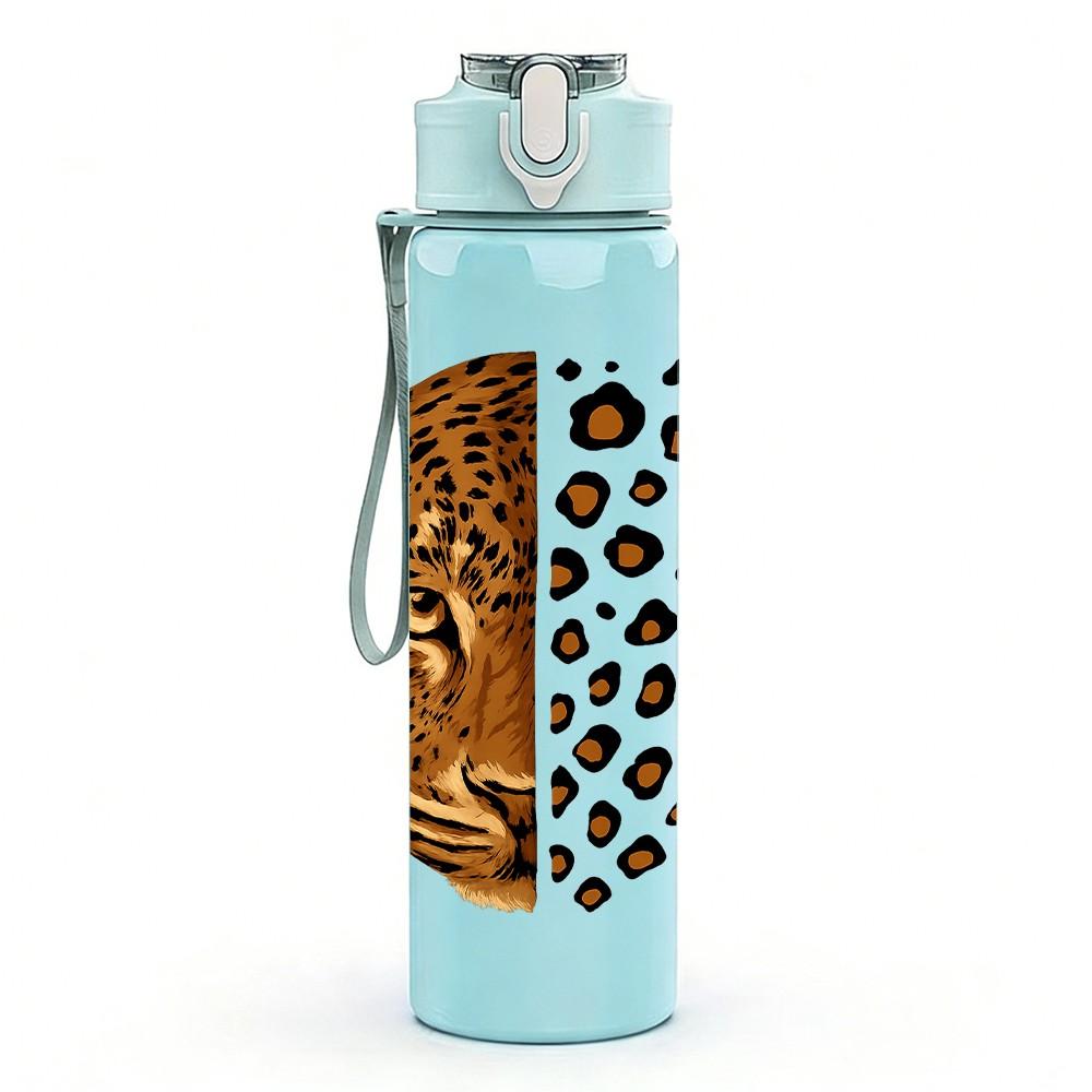 1PC Half Leopard Half Tiger Face 750ml Color Plastic Sports Water Bottle Leakproof Flip Straw Lid Suitable for Sports Office Home Use
