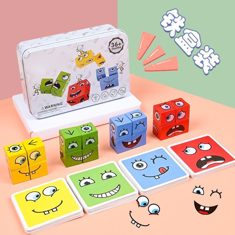 Kids' Educational Tin Box Rubik's Cube Expression Blocks Toy: Parent-Child Battle & Multiplayer Fun Board Game Challenge