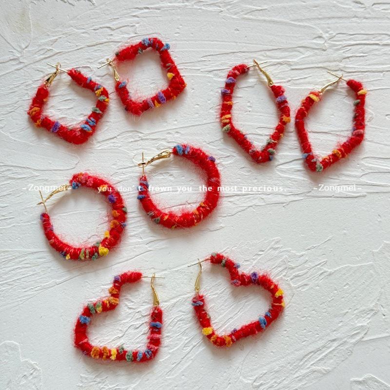 Colorful Red Woolen Hoop Earrings for Autumn and Winter - Large Bohemian Ethnic Retro Hong Kong Style Festive Accessory