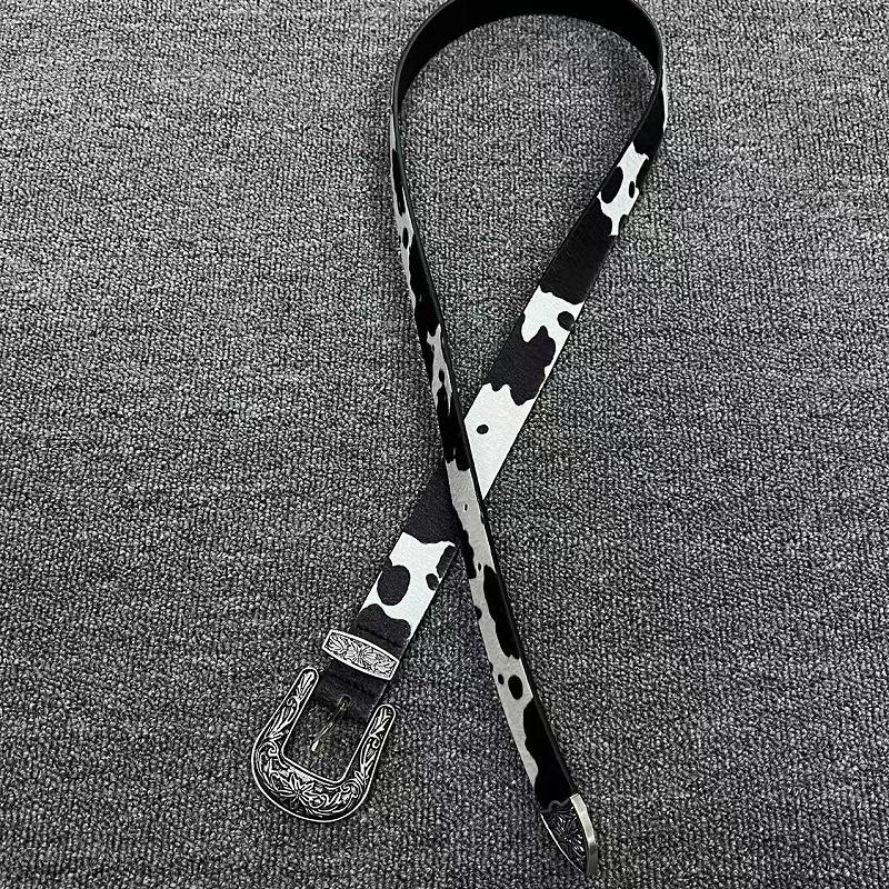 

Cow Print Engraved Buckle Pants Chain Leather Belt - Trendy Niche Design Waistband