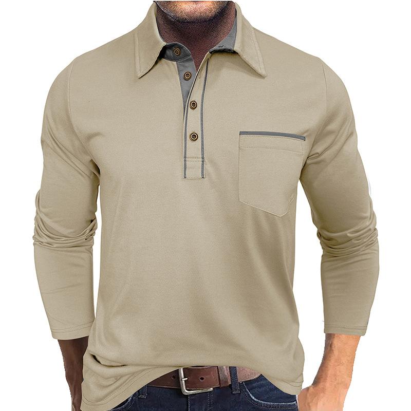 Men's Lapel Contrast Color Pocket Long Sleeve Polo Shirt Casual T-Shirt Tees