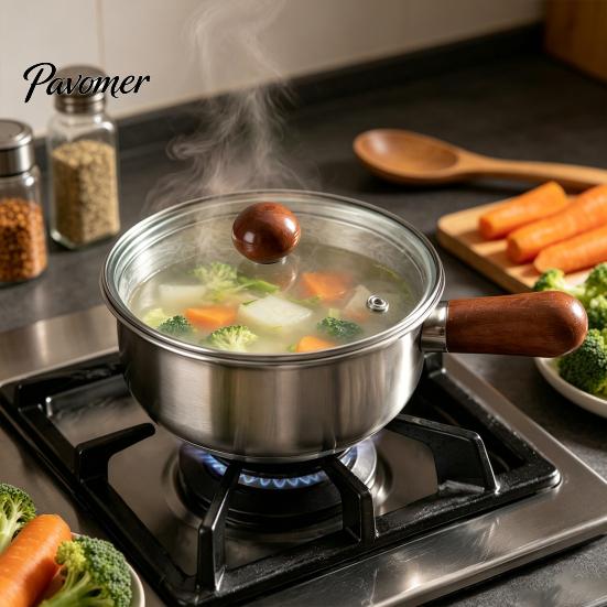 Nonstick Milk Pot with Wooden Handle Instant Noodle Lid And Handle, Stainless Steel Non-Stick Coated Induction Compatible Saucepan for Dorms