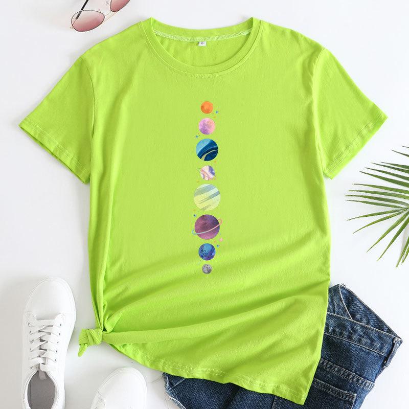 Summer Round Neck Planet Pattern Printed Top Fashionable Casual Short Sleeved Women's Pure Cotton T-shirts