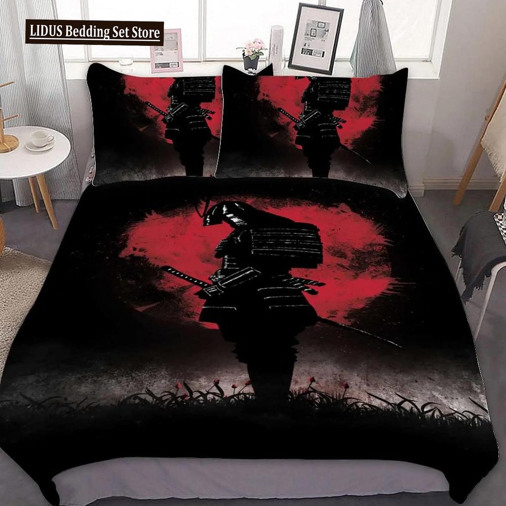 Japanischer Schwarz-Weiß-Tuschestil Samurai-Schwert Rote Sakura 3D Bettbezug-Set Queen-Size Bushido-Kultur Bettwäsche-Set Bettdecken-Set