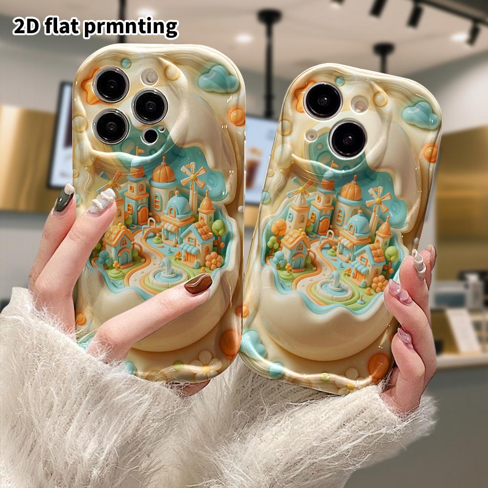 Phone Case: 2D flat design suitable for iPhone 18 17 16 15 14 13 Pro protective case, mini fairy tale town, perfect Christmas and Halloween holiday gi
