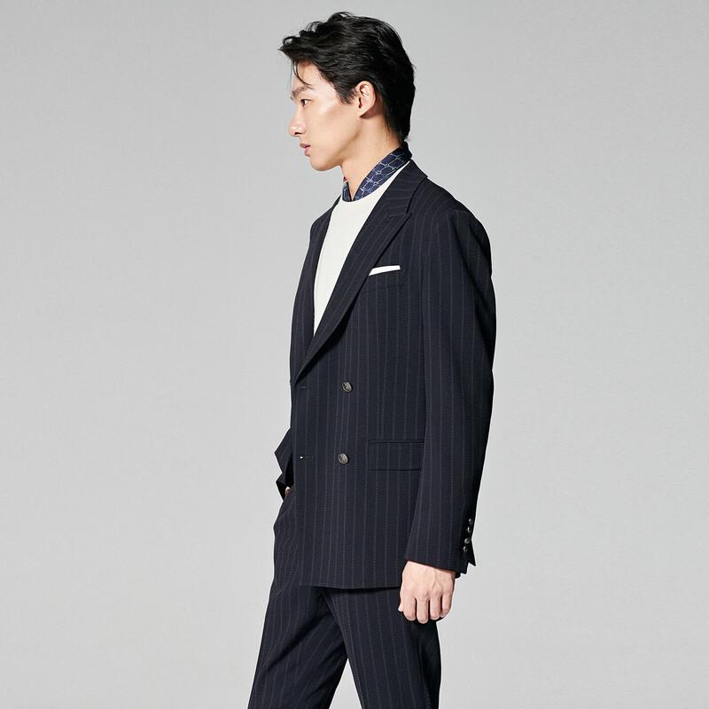Baoxiniao Men's Navy Striped Double-Breasted Suit Jacket