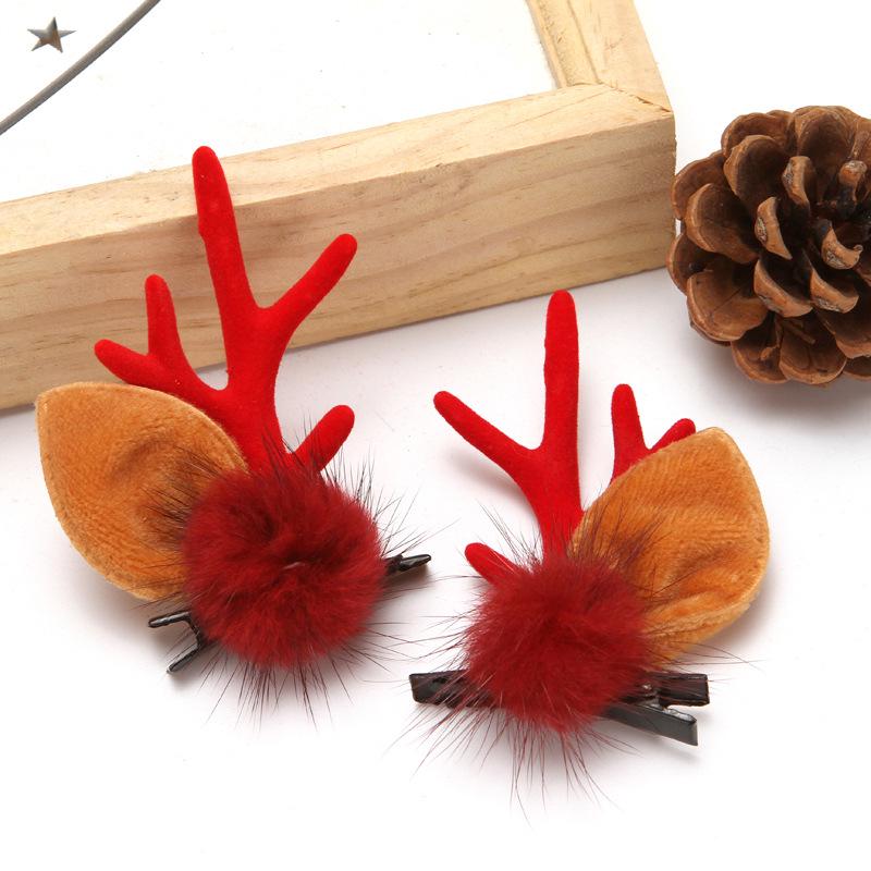 Japanese & Korean Style Flocked Coral Antler Ears Hair Clip for Christmas Photo Shoots
