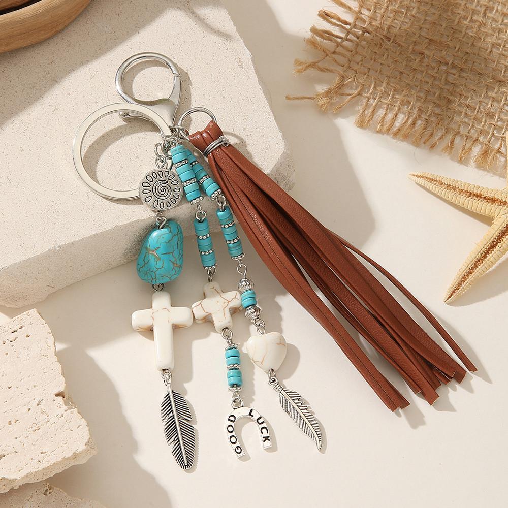 Boho Western Feather Cross Pendant Keychain With Handcrafted Wool For Casual Use