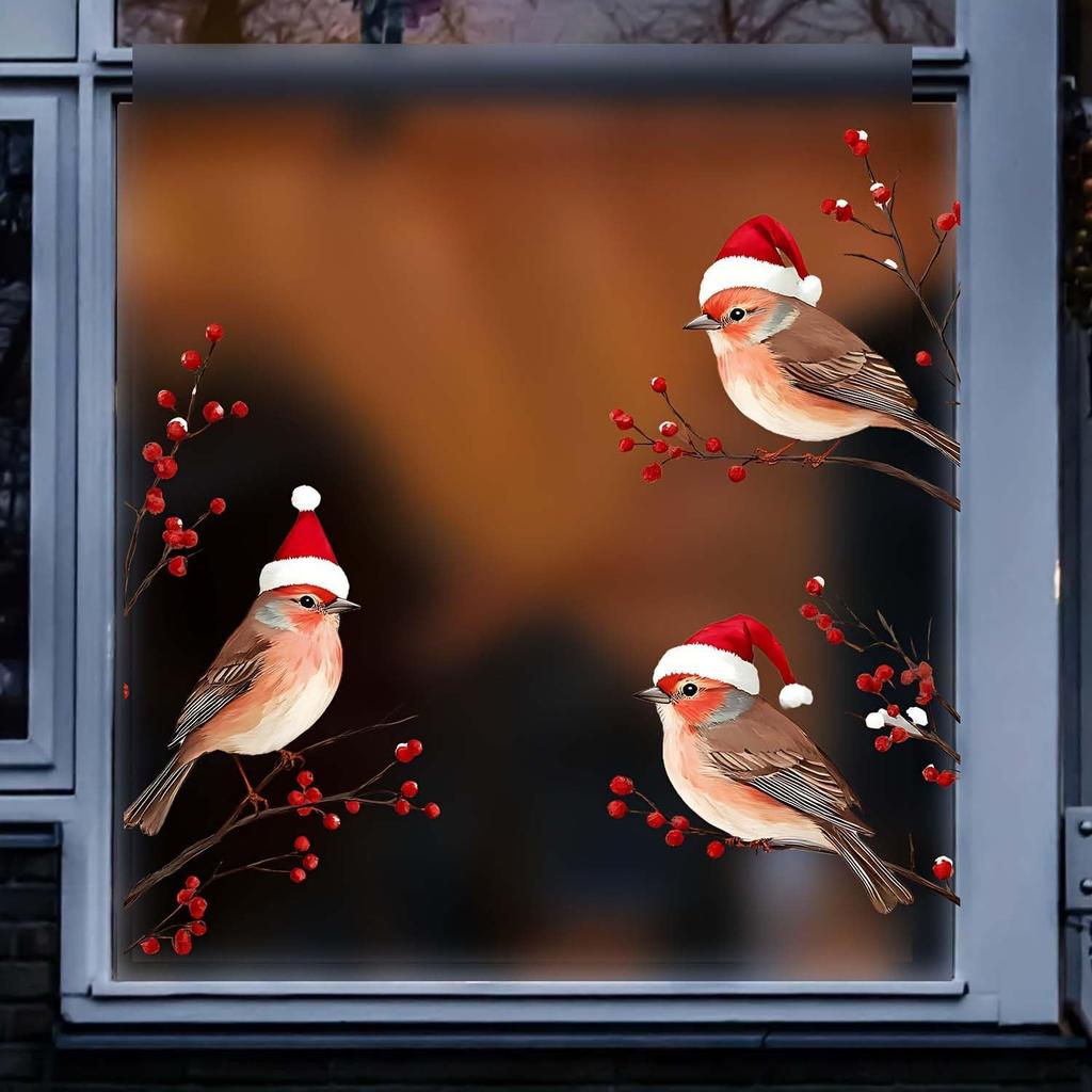 Christams 3 Birds in Red Santa Hat Window Clings, Xmas Theme Flower Birds Design Glasses Decorations, 11.8 * 10.6Inches Size Chritsmas Window