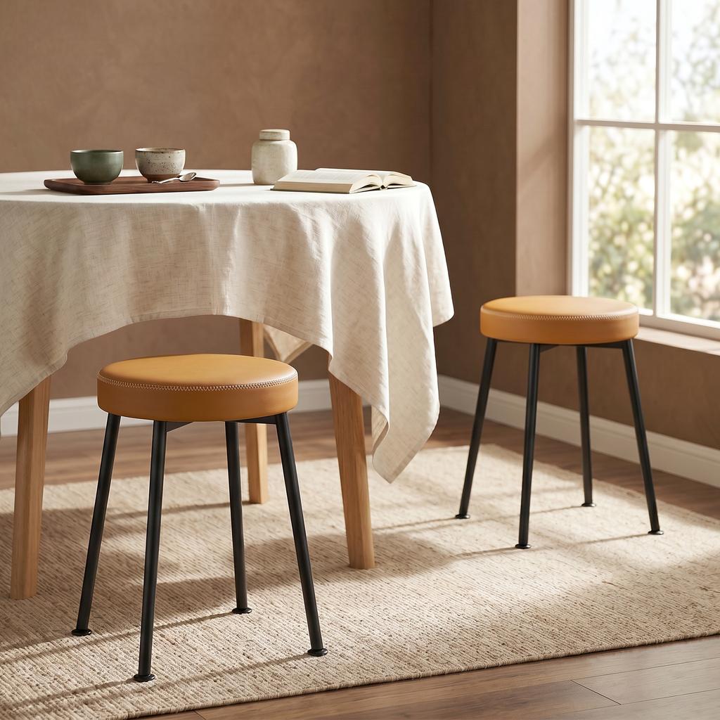 Round Dining Chairs, Set of 2, Stackable, PU Padded Seats, Brown and Black