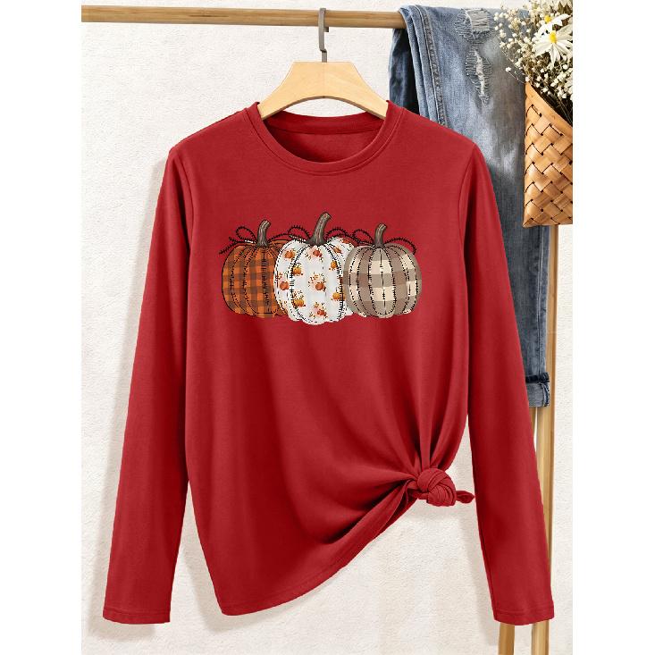 Halloween Elegant Long Sleeve T Shirt Gift For Women Plaid Floral Patchwork Three Styles Bowknot Pumpkin Retro Stitching Autumn Pattern Print Tops