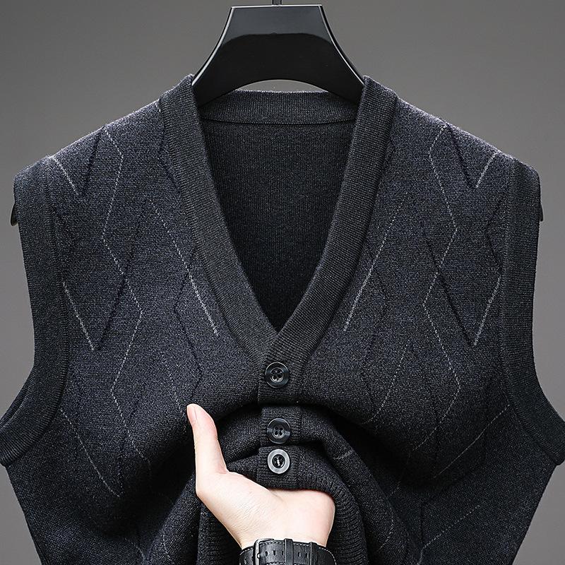 V Neck Sleeveless Thick Wool Blend Vest For Middle Aged Men Winter Casual
