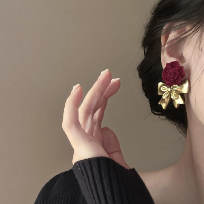 

Silver Needle Red Bow Flower Earrings - Light Luxury Christmas & Holiday Studs, Autumn Winter Jewelry