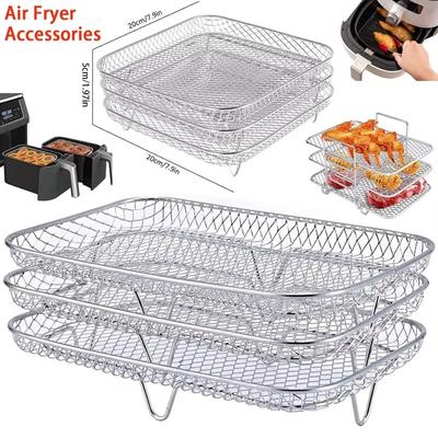 1/3Layer Stainless Steel Air Fryer Accessories Stackable BBQ Non-Stick Airfryer Tray Wire Rack Basket Kitchen Gadgets