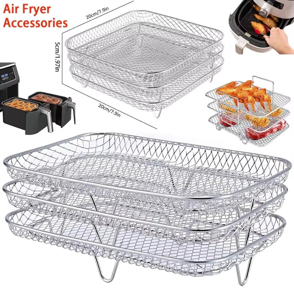 1/3Layer Stainless Steel Air Fryer Accessories Stackable BBQ Non-Stick Airfryer Tray Wire Rack Basket Kitchen Gadgets