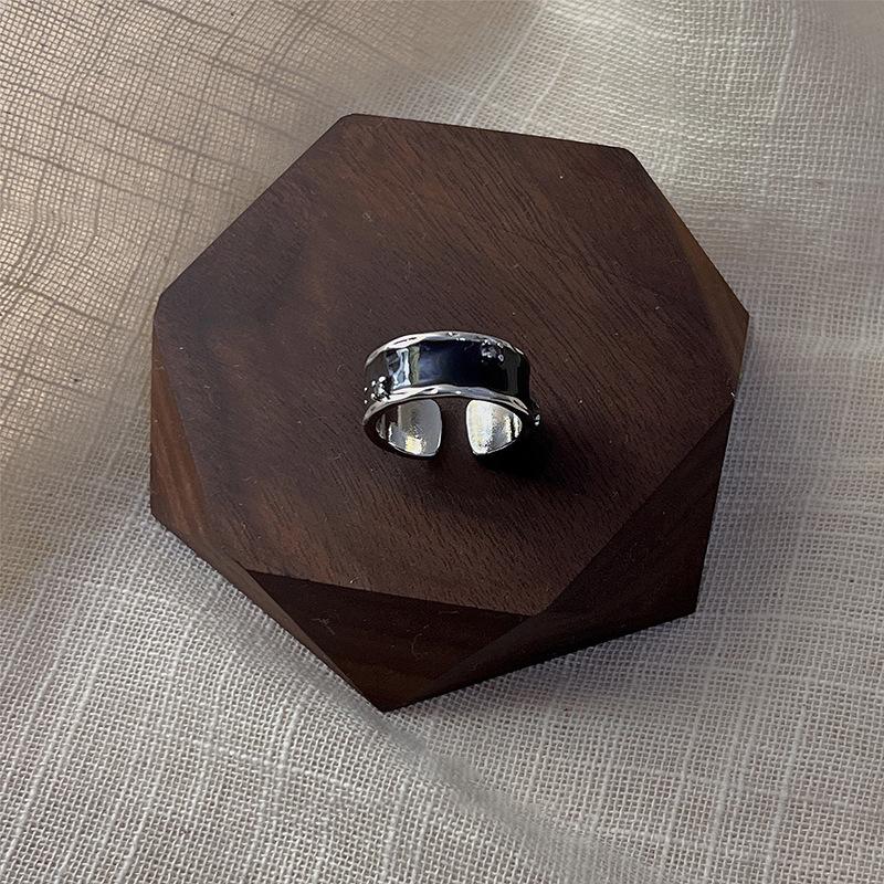 PANJBJ 925 Silver Geometric Black Dropwise Glaze Rings For Women Men Simple Korean Open Adjustable Handmade Jewelry Dropshipping