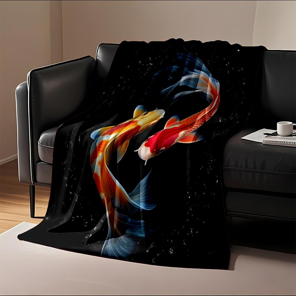 Two Graceful Koi Fish Swirling In Harmony Flannel Blanket for Bedroom, Living Room, Sofa, and Nap Sofas.