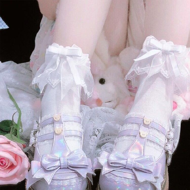 Calcetines Tobilleros Dulces para Mujer con Lazo y Nudo Calado Japonés Lindos Calcetines de Algodón con Volantes y Encaje