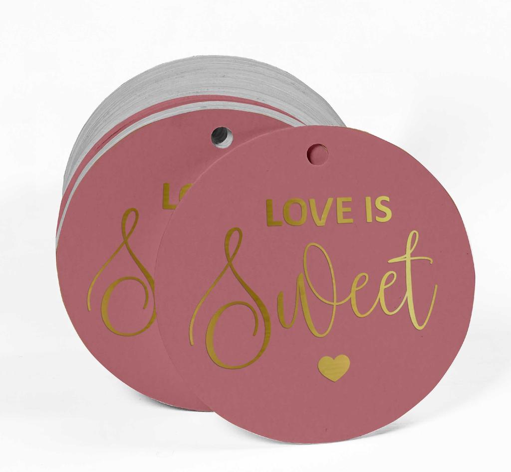 Inkdotpot 100 - Confezione da 100 etichette in carta stagnola color oro vero Love Is Sweet bomboniera da appendere