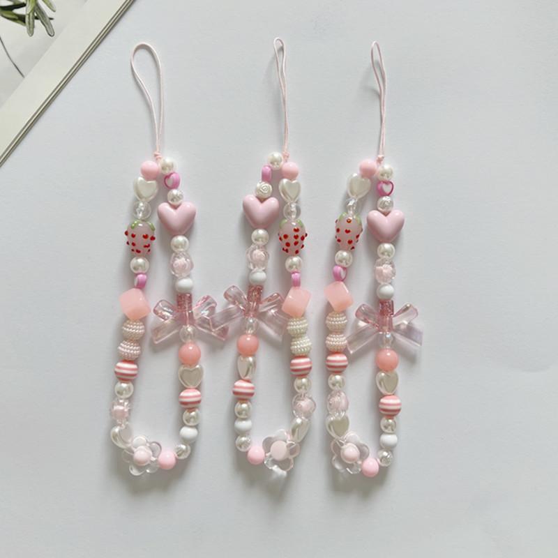 Dulce și Drăguț Roz Căpșună Curea Mobilă Lanțuri Telefon Pentru Femei Lanț de Perle Pandantiv Telefon Farmec Breloc Șnur Anti-Pierdere Bijuterii