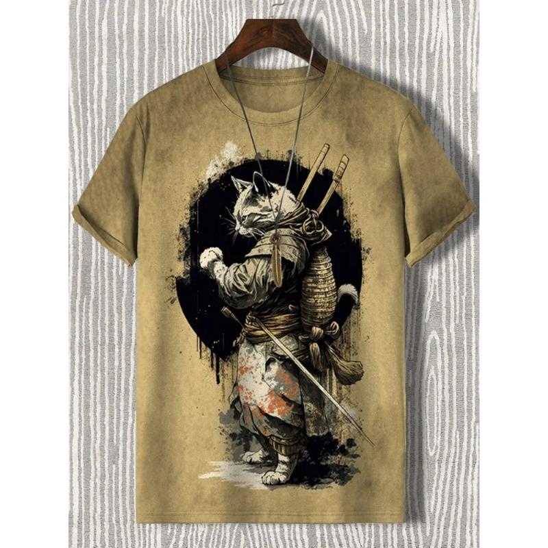 Men's T-Shirt Japanese Style Samurai Cat Graphic 3D Printed T-Shirt Casual Short Sleeved Tee Outdoor Oversized Men Clothing Tops