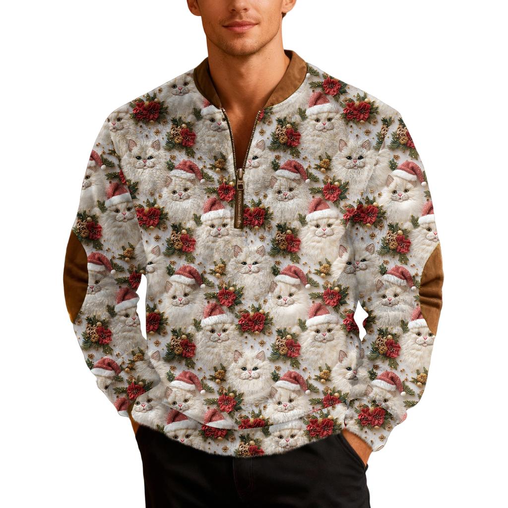 Men's Casual Christmas-printed Semi-zipper Retro Long-sleeved Sweatshirt