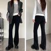Women's High Waist Black Flared Velvet Trousers - Slim Fit, Casual, Autumn/Winter Wide Leg Pants