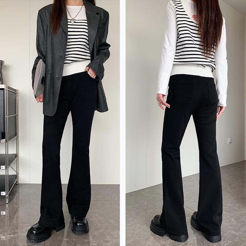 Women's High Waist Black Flared Velvet Trousers - Slim Fit, Casual, Autumn/Winter Wide Leg Pants