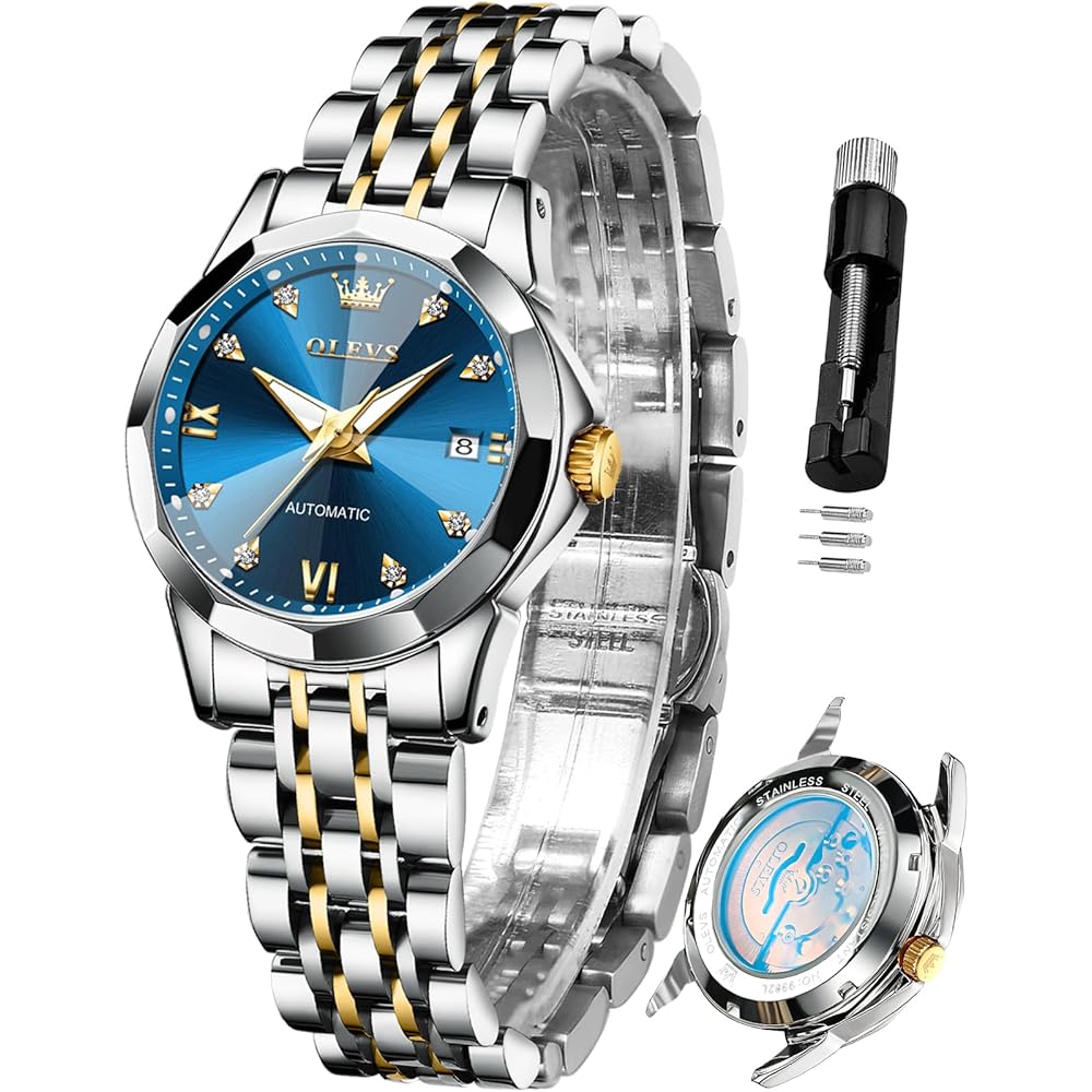 OLEVS Automatic Women s Watch Diamond Stainless Steel Luminous Waterproof Two-Tone Band Blue Dial