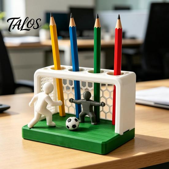 3D Pen Holder Soccer Goal And Player Figure Holder, Printed Sports Colorful Pencil Cup Theme 4 Hole Desktop Organizer for Home, Office Smooth Surface