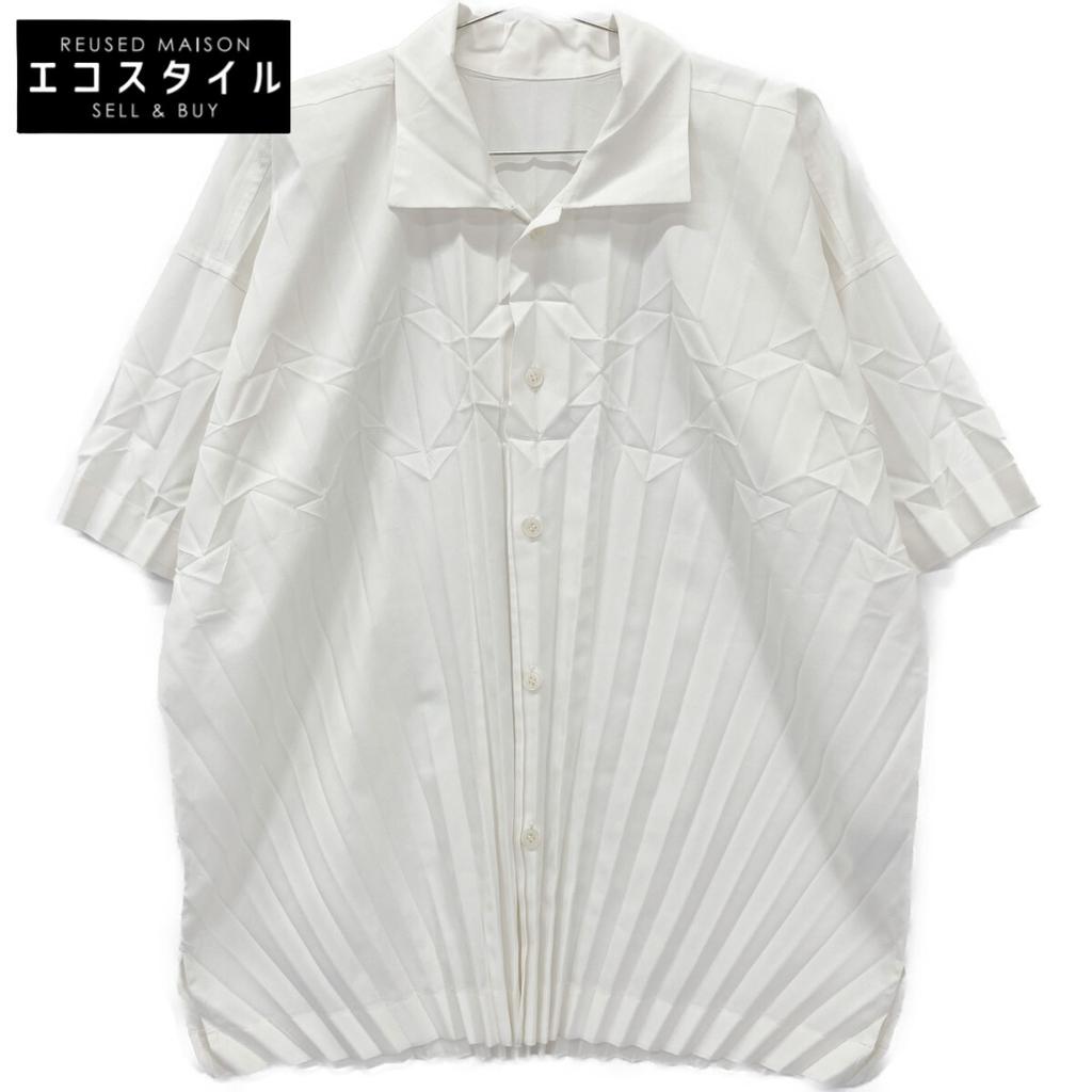 HOMME PLISSE ISSEY MIYAKE HP53FJ001 White Short Sleeve Pleated Shirt Tops 2 whiteUsed