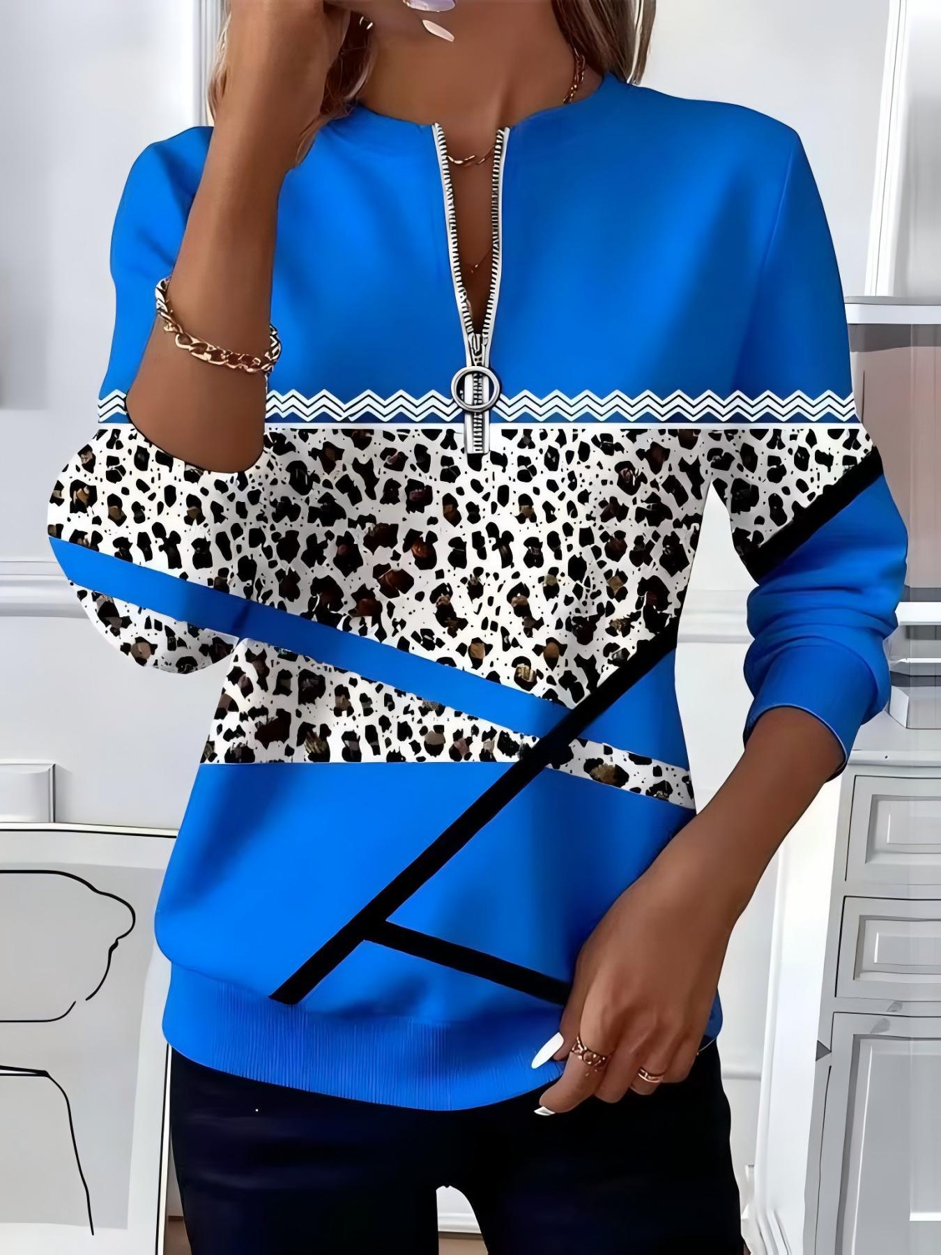 

Women s European V-Neck Zipper Top - Autumn/Winter Long-Sleeve Print 4XL синій