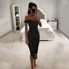 Lady Evening Dress Off Shoulder Sleeveless Off Shoulder Slim Fit Sequin Irregular Hem Calf Length Low-cut Prom Wedding Party Formal Occasion