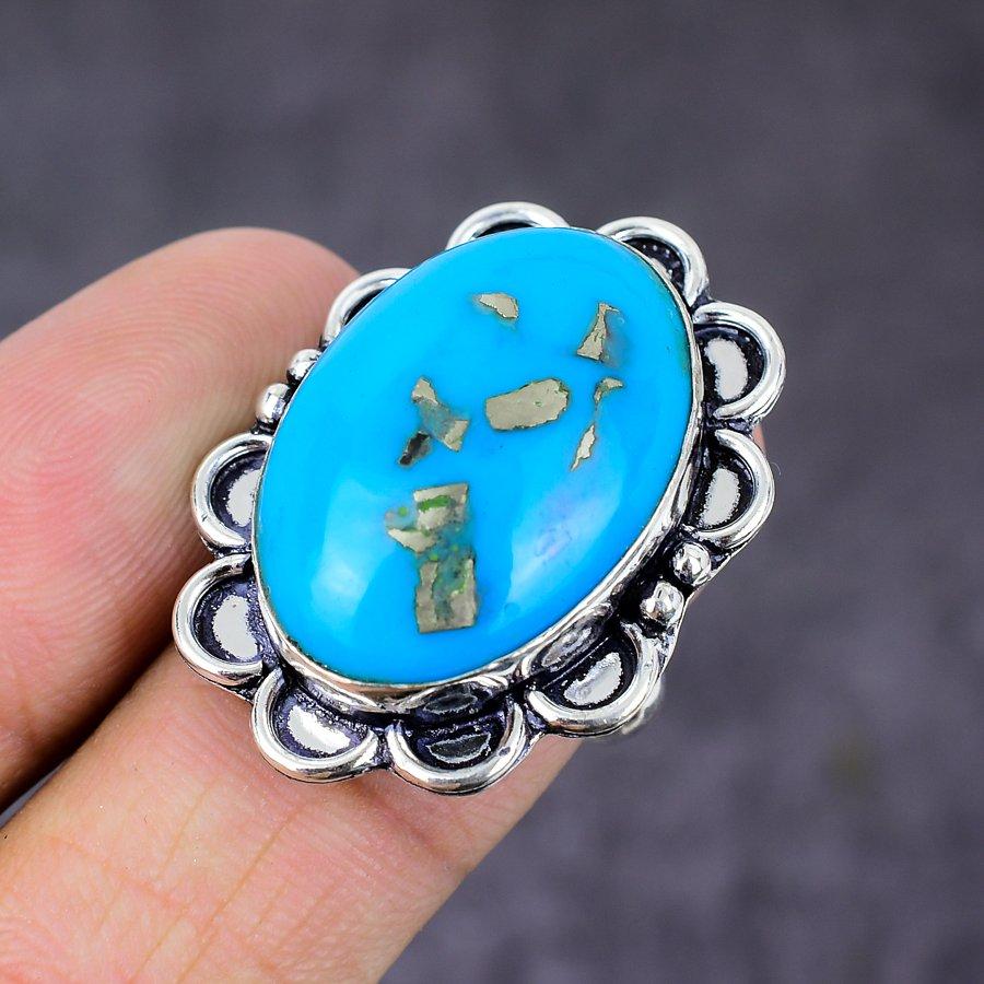 Pyrite Turquoise Gemstone 925 Sterling Silver Gift Jewelry Ring Size 8