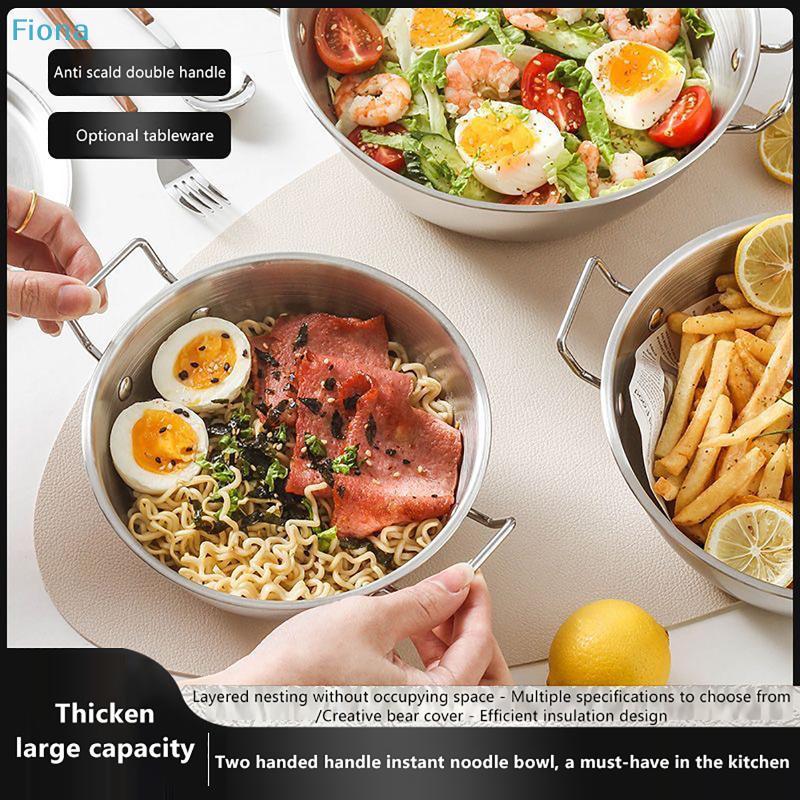Stainless Steel Double Handle Noodle Bowl with Bear Lid,Thickened Large Capacity Korean Rice Wine Bowl
