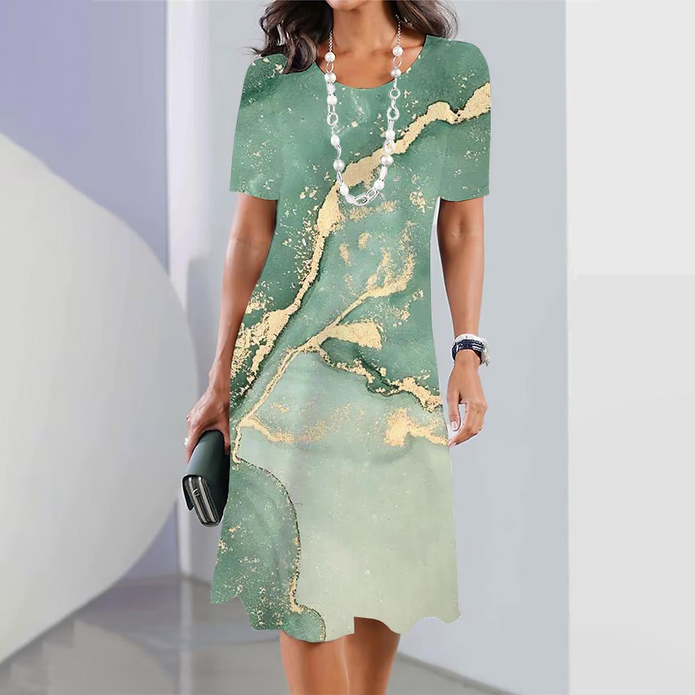 2026 Summer Retro Texture Printing Short-sleeved Dress Ladies Casual Fashion Round Neck Loose Dress