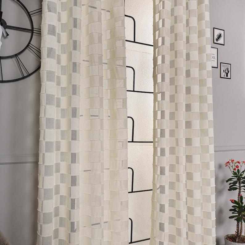 Leinenvorhänge mit quadratischem Muster für Wohnzimmer, Vorhänge mit Stangentaschen und Ösen, böhmische Fenstervorhänge, Schlafzimmervorhänge