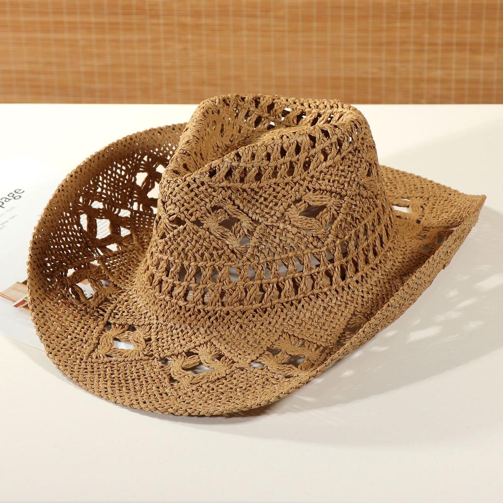 New Summer Outdoor Men Women Hand-woven Western Cowboy Paper Straw Hats Wide Brim Breathable Beach Jazz Cap Sun Protection Hat