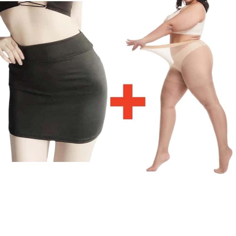 2PCS/SET Women High Waist Pencil Mini Skirts+Stockings Dress Set,Sexy Casual Wrap Hips Black Short Skirt and Pantyhose