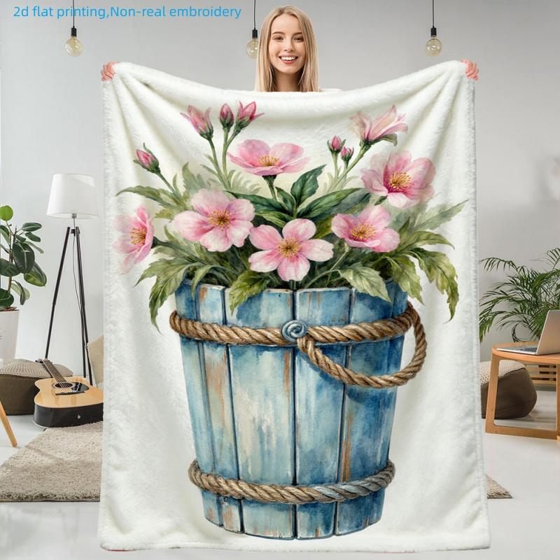 1pc Floral Print Blanket, Flower Bucket Pattern, Multiple Sizes Available, Suitable for Living Room, Bedroom, Study, Balcony, Office