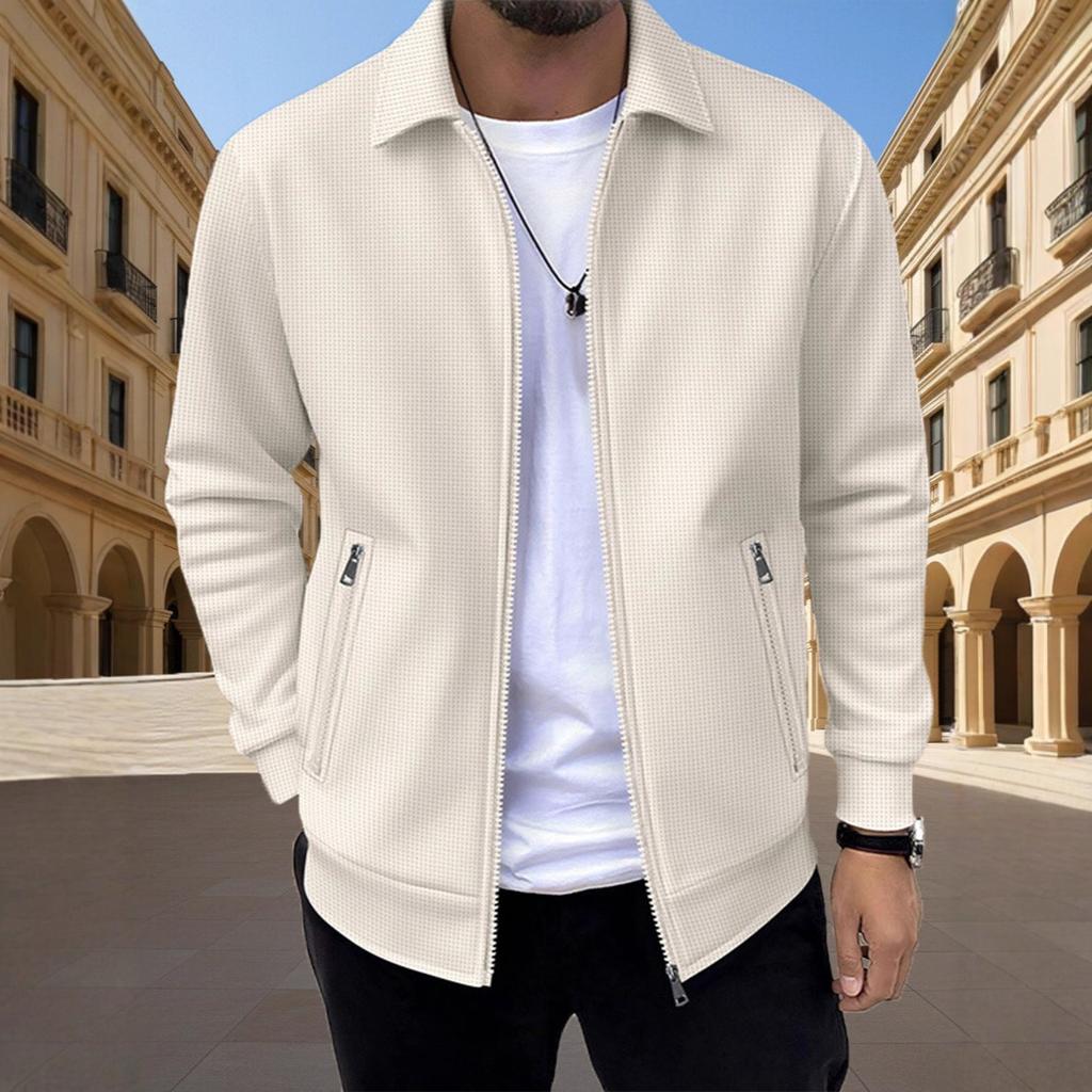 2025 Herren Frühling und Herbst Reißverschlusstasche Revers Einfarbig Lässige Slim Strickjacke Herrenjacke Mantel