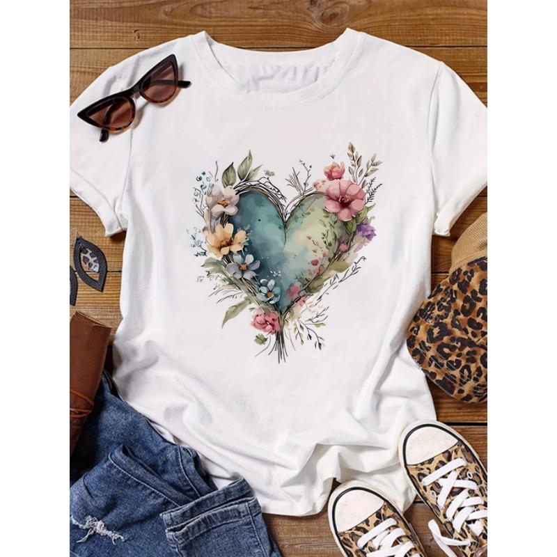 Short Sleeve Love Flower Large Size Round Neck Fashion T-Shirt